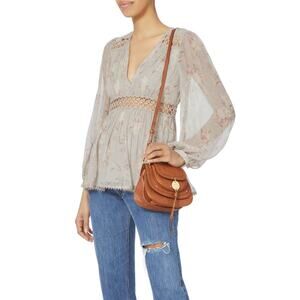 ZIMMERMANN Iris Floral Silk Blouse Pastel Blush Taupe Neutral Sz 1 / S {HH15}